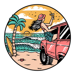 Woman on the beach with a car