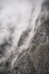 Dramatic fog over forest and dark mood in the mountains - Obersee Königssee Alps