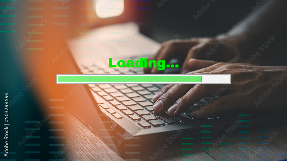 Poster Man using laptop for download and waiting to loading digital business data form website, concept of waiting for load of loading bar.
