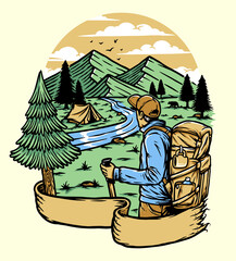 Mountain hiker adventure illustration - obrazy, fototapety, plakaty