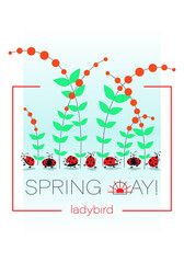 Cartoon ladybird. Spring poster. Cute insect background. Cheerful picture, inscription spring day. 