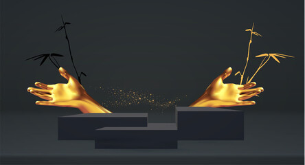 Black 3D scene with podium and realistic golden hand. Modern showcase.