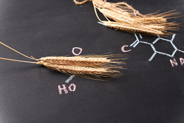 Ears of wheat against the background of the chemical formula.