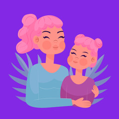 Mom and daughter happily hug and smile. Illustration in a flat style and bright colors (blue, lilac, pink) with palm leaves on the background. Happy Children's Day. Happy Mother's Day.