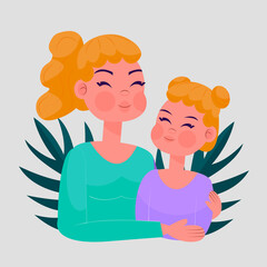 Mom and daughter happily hug and smile. Illustration in a flat style and bright colors (lilac, orange) with palm leaves on the background. Happy Children's Day. Happy Mother's Day.