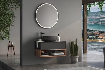 Modern dark bathroom with gray walls, concrete floor and comfortable basin with black faucet, drawer, oval mirror hanging on wall, plants, bathtub, pool and sea view. 3d rendering
