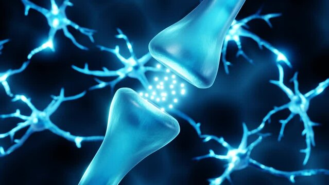 Synaps with neurons in the background, neurotransmitters in synaptic junction, information transmission in the brain