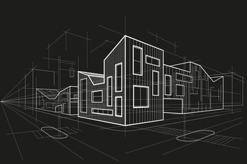 Linear abstract architectural sketch corner modern office building on black background