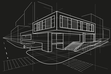 Linear architectural sketch office building perspective on black backgrounds