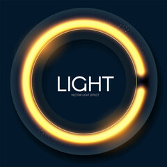 Shining neon square banner. Simple light element on blue background. Golden light.