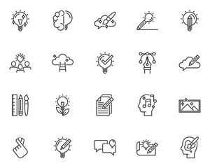 set of creative line icons, idea, light bulb, thinking, imagination