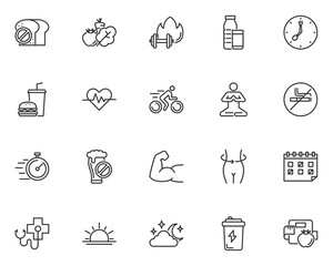 set of healthy life line icons, diet, gym, nutrition, fitness