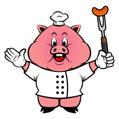 Cartoon illustration of Adorable Fat Pig wearing chef hat and uniform, greeting and holding a fork with sausage, best for mascot, sticker, decoration, logo, and character with culinary themes for kids