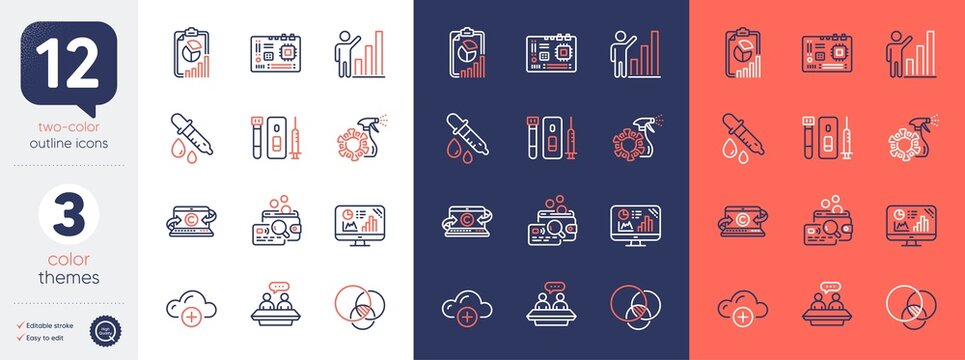 Set of Coronavirus spray, Chemistry pipette and Cloud computing line icons. Include Copywriting notebook, Report, Graph chart icons. Inspect, Motherboard, Euler diagram web elements. Blood. Vector