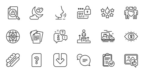 Outline set of Love night, Business vision and Business podium line icons for web application. Talk, information, delivery truck outline icon. Vector