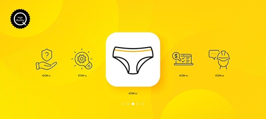 Fototapeta na wymiar Foreman, Panties and Cogwheel minimal line icons. Yellow abstract background. Online accounting, Protection shield icons. For web, application, printing. Vector