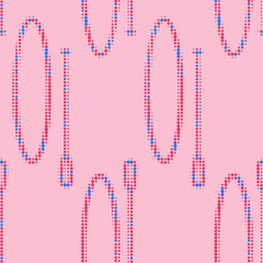 Seamless pattern with SUP board and standing paddle made up of dots. Endless vector sports label. SUP in flat design style in pink and blue colors.