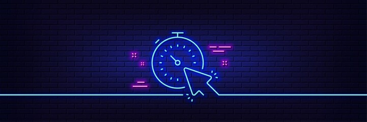 Neon light glow effect. Timer line icon. Time or clock sign. Mouse cursor symbol. 3d line neon glow icon. Brick wall banner. Timer outline. Vector
