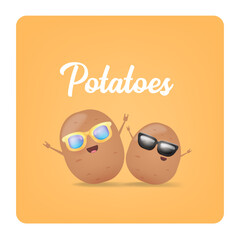 vector two friends tiny kids potato characters having fun isolated on orange background. Happy Friendship day vector illustration. funky kids potato with friend. Friendship party concept
