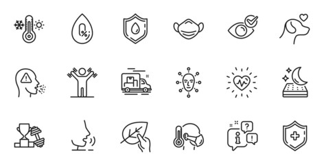 Outline set of Heartbeat, Organic tested and Thermometer line icons for web application. Talk, information, delivery truck outline icon. Include No alcohol, Sick man, Face biometrics icons. Vector