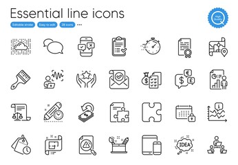 Ranking, Timer and Phone survey line icons. Collection of Money currency, Confirmed mail, Chart icons. Calendar, Puzzle, Cashback web elements. Approved checklist, Certificate diploma. Vector