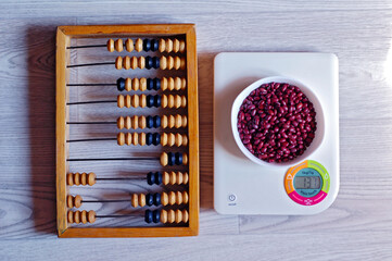 Arithmetic abacus and scales for weighing products.