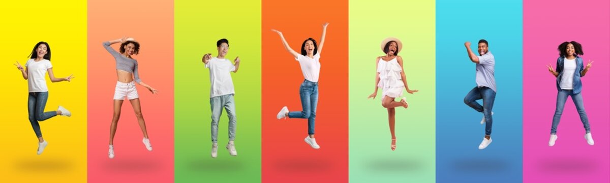 Joyful multiracial people jumping up on colorful backgrounds, collage set © Prostock-studio
