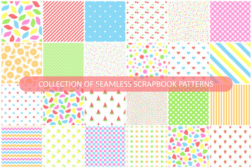 Collection of bright colorful seamless skrapbook patterns - delicate design. Cute endless prints. Repeatable unusual backgrounds - obrazy, fototapety, plakaty