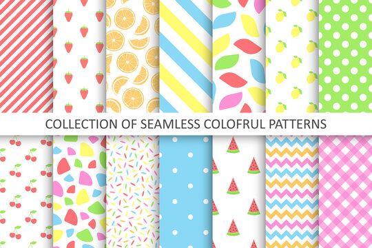 Collection of bright colorful seamless patterns - summer design. Cute endless prints. Repeatable unusual backgrounds