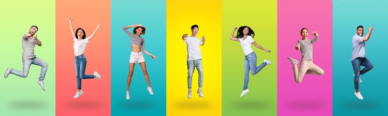 Joyful multiracial team jumping up on colorful backgrounds, collection