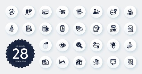 Set of Finance icons, such as Calculator alarm, Survey checklist and Update data flat icons. Diagram, Cashback card, Analytics graph web elements. Mobile finance, Analytics, Sale gift signs. Vector