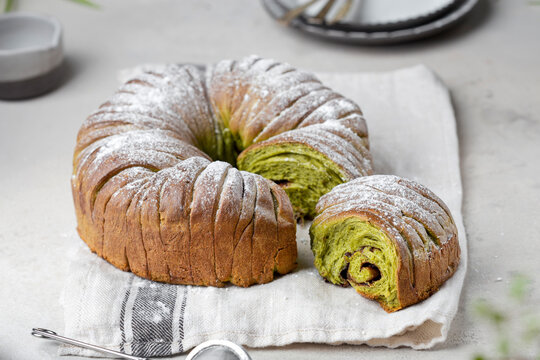 Homemade Matcha bread loaf with chocolate paste filling