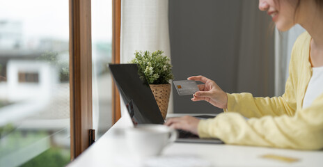 Close up of girl hold bank credit card and type on laptop, shopping online using computer, buying...