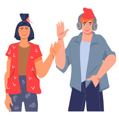 Cheerful happy young people saying hi and waving hand in greeting gesture, flat vector illustration isolated on white background.