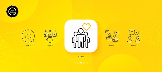 Fototapeta na wymiar Correct checkbox, Online voting and Friendship minimal line icons. Yellow abstract background. Smile face, Teamwork questions icons. For web, application, printing. Vector