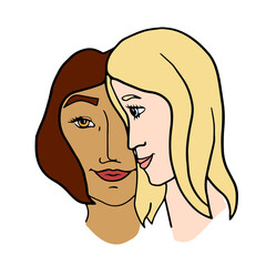 The concept of a relationship between two women. International lesbian couple. Love is love.