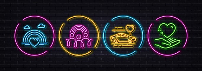 Lgbt, Inclusion and Honeymoon travel minimal line icons. Neon laser 3d lights. Hold heart icons. For web, application, printing. Rainbow heart, Equity rainbow, Car trip. Care love. Vector