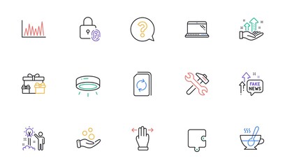 Multitasking gesture, Led lamp and Donation money line icons for website, printing. Collection of Repair, Puzzle, Laptop icons. Question mark, Tea cup, Update document web elements. Vector