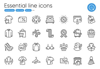 T-shirt design, Slow fashion and Wallet line icons. Collection of Clothing, Discount coupon, Scarf icons. Shoes, Clean t-shirt, Scissors web elements. Discount medal, Dress, Sale bags. Vector