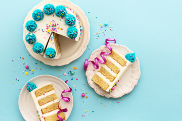 Birthday party background with birthday cake and birthday cake slices