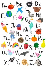 English alphabet with cute cartoon animals, flower, candy,digital illustration set. Capital letter for kids, children font. Learn to read. Isolated.