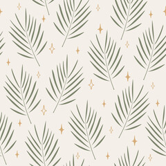 Tropical seamless pattern with palm leaves and stars