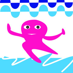 female octopus character dancing on the waves of sea water happily. octopus surfing on the beach.