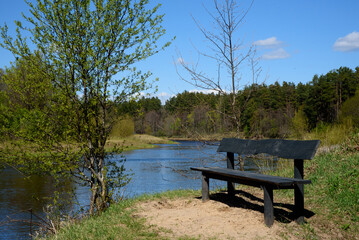 Fototapeta na wymiar a beautiful bend in the river with a bench and the forest in the distance on a sunny day in the spring