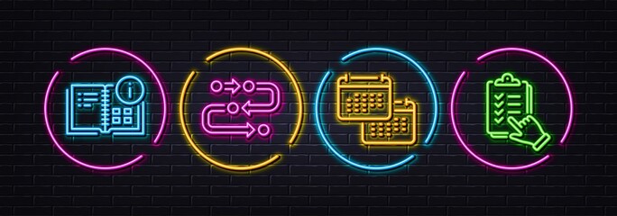 Instruction info, Calendar and Methodology minimal line icons. Neon laser 3d lights. Checklist icons. For web, application, printing. Project, Schedule planner, Development process. Vector