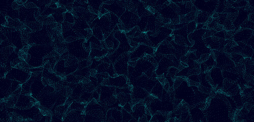 Turquoise distorted wave. Data flow with glittering blue particles. Big data stream. Greenish-blue bright magic sparks in wave motion. 3d rendering.