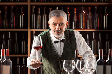 Sommelier with a glass of wine. Examination of wine products. Restaurant staff, expert wine steward among shelves of wine bottles. Stylish middle-aged man with a grey beard