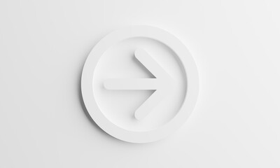 white arrow icon placed in a white circle, next push button symbol, 3d illustration