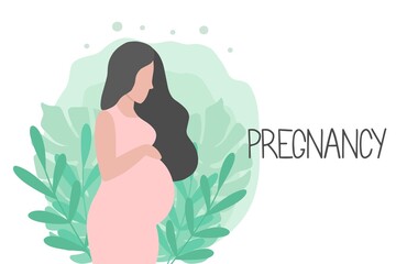 A happy pregnant woman holds her stomach. Pregnancy. Happy pregnancy. Flat vector cartoon illustration.