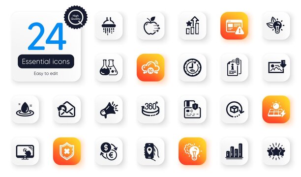 Set of Technology flat icons. Megaphone, Graph chart and Touch screen elements for web application. Attached info, Food delivery, Location app icons. 360 degrees, Star, Send mail elements. Vector